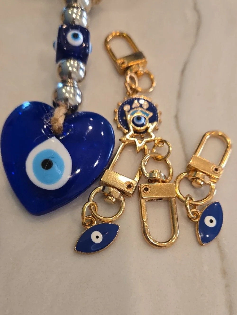 6 Pc Set Handmade Blue Glass Eye Heart Charm Keychains & Matching Hair Scrunchie